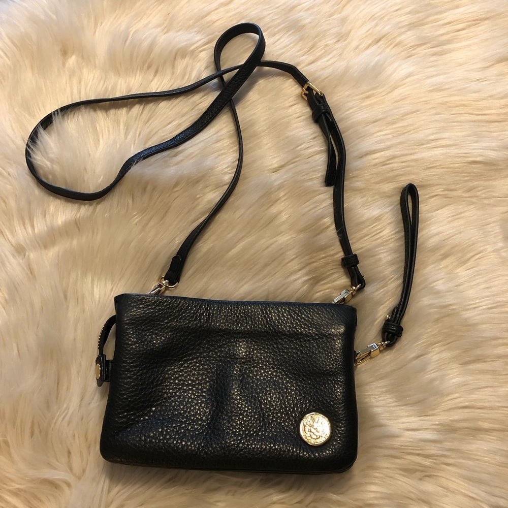 Vince Camuto black pebble leather crossbody wristlet with gold tone hardware